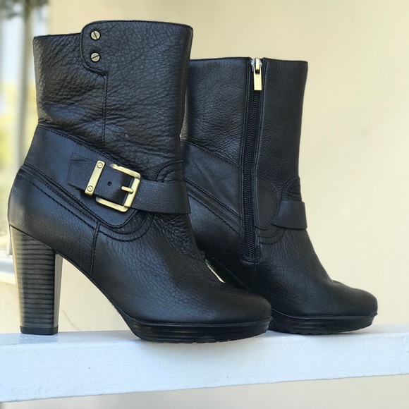 Clarks Shoes - Clarks Heeled Black Leather Boots Size 6